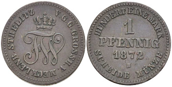 Мекленбург-Стрелиц 1 пфенниг 1872 B, Фридрих Франц II (1842-1883) Jaeger 121, AKS 76, KM 101 (С46) медь 206-315
