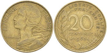 ФРАНЦИЯ 20 САНТИМОВ 1963 ТИП MARIANNE KM 930, Le Franc 156.3 медь алюминий никель 4514-1216