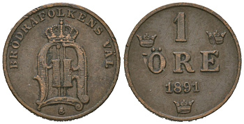 Швеция 1 эре 1891 Оскар II (1872-1907) KM 750 бронза 4611-333