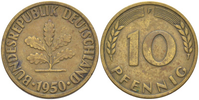 ФРГ 10 пфеннигов 1950 F KM 108, J. 383 сталь плакированная латунью 53-1044