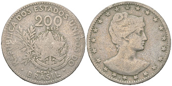 Бразилия 200 реалов 1901 MCMI, голова свободы вправо KM 504 медно-никель 4612-132