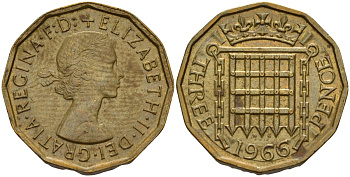 Великобритания 3 пенса 1966 Елизавета II (1952-2022) KM 900, Spink 4153 никель латунь 4153-744