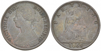 Великобритания 1 фартинг 1868 Виктория (1837-1901) KM 747.2, Spink 3958 бронза 1515-2142
