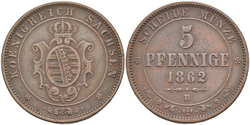 Саксония 5 пфеннигов 1862 В, Иоганн (1854-1873), Альбертинская линия KM 1218, Jaeger 123, AKS 151 медь 4385-546
