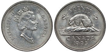 Канада 5 центов 1993 бобр, Елизавета II (1952-) KM 182 медно-никель 4128-556