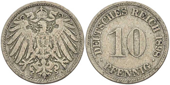 ГЕРМАНИЯ 10 ПФЕННИГОВ 1898 D KM 12, J. 13 медно-никель 4401-1034
