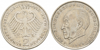 ФРГ 2 МАРКИ 1971 J, КОНРАД АДЕНАУЭР KM 124, J. 406 медно-никель плакированный никелем 3718-1052
