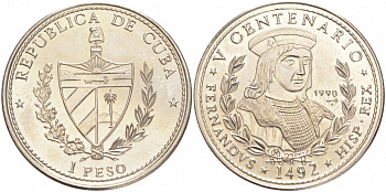 Куба 1 песо 1990 500 лет открытия Америки, король Фердинанд II KM 306 медно-никель UNC 1526-921 M21-01