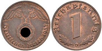Германия 1 рейхспфенниг 1937 D, KM 89 бронза 96-1168