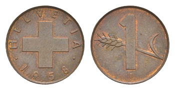 Швейцария 1 раппен 1958 B KM 46 бронза UNC 4532-336
