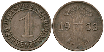 Германия 1 рейхспфенниг 1933 A KM 37, J. 313 бронза 4189-1163