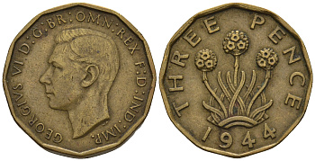 Великобритания 3 пенса 1944 Георг VI (1936-1952) KM 849, Spink 4112 никель латунь 4610-1056