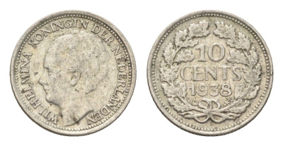 Нидерланды 10 центов 1938 Вильгельмина I (1890-1948) KM 163 серебро 4659-1162