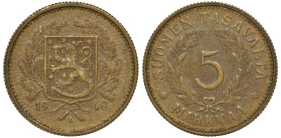 Финляндия 5 марок 1948 L KM 31a латунь 4163-414