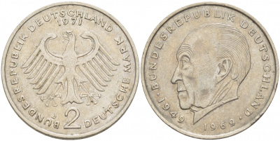 ФРГ 2 МАРКИ 1971 J, КОНРАД АДЕНАУЭР KM 124, J. 406 медно-никель плакированный никелем 3718-1052