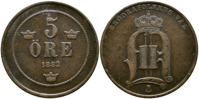 Швеция 5 эре 1882 Оскар II (1872-1907) король Швеции и Норвегии KM 736 бронза 37-851