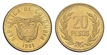 Колумбия 20 песо 1991 KM 282 алюминиевая бронза UNC 4664-139