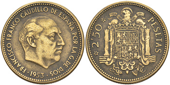 Испания 2,5 песеты 1953 (54) Франсиско Франко (1939-1975) KM 785 алюминиевая бронза 4610-1017
