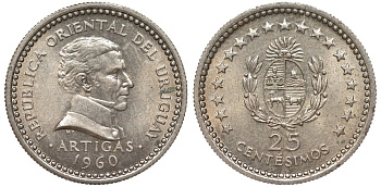 Уругвай 25 сентесимо 1960 KM 40 медно-никель 4580-1222