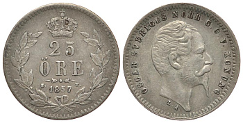 Швеция 25 эре 1857 Оскар I (1844-1859) KM 684 серебро 00-816-74