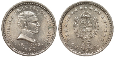 Уругвай 25 сентесимо 1960 KM 40 медно-никель 4580-1222