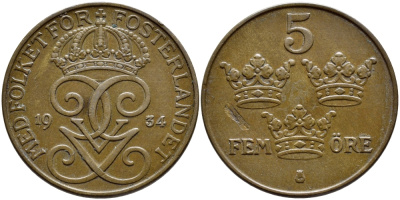Швеция 5 эре 1934 Густав V (1907-1950) KM 779.2 бронза 4394-926