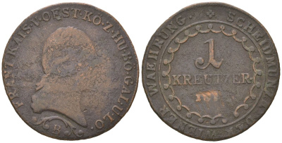 Австрия 1 крейцер 1812 B, Франц II (1792-1835) KM 2112 медь 110-914