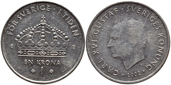 Швеция 1 крона 2002 Карл XVI Густав (1973- ) KM 894 медно-никель 4364-752