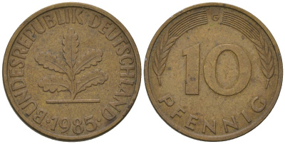 ФРГ 10 пфеннигов 1985 G KM 108, J.383 сталь плакированная латунью 3459-526