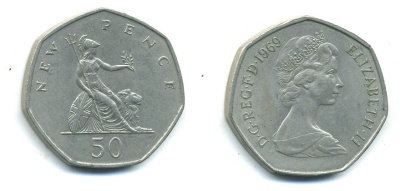 Великобритания 50 пенсов 1969 Елизавета II (1952-2022) KM 913, Spink 4223 (H1) медно-никель UNC 4383-824