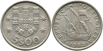 ПОРТУГАЛИЯ 5 ЭСКУДО 1983 ПАРУСНИК KM 591 медно-никель 65-1124
