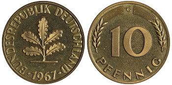 ФРГ 10 пфеннигов 1967 G J 383, KM 108 сталь плакированная латунью  PROOF  1099-4-23