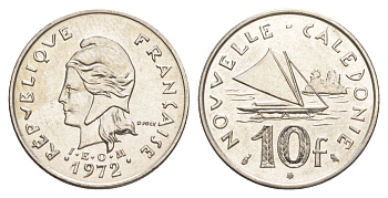 Французская Новая Каледония 10 франков 1972 лодка KM 11 никель UNC 4641-146