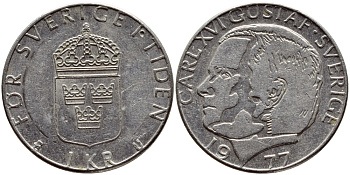 Швеция 1 крона 1977 Карл XVI Густав (1973- ) KM 852 медь плакированная медно-никелем 4397-846