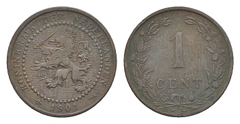 Нидерланды 1 цент 1901 Вильгельмина (1890-1948) KM 130 бронза 72-1027