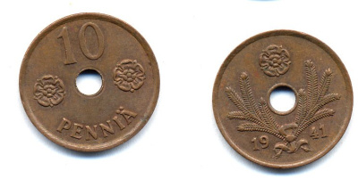 ФИНЛЯНДИЯ 10 ПЕННИ 1941 KM 33.1 медь 51-4917