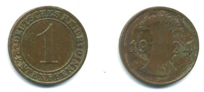 Германия 1 рентенпфенниг 1924 F KM 30, J. 306 бронза 35-113