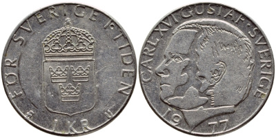 Швеция 1 крона 1977 Карл XVI Густав (1973- ) KM 852 медь плакированная медно-никелем 4397-846