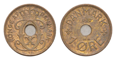 Дания 1 эре 1937 N, Кристиан X (1912-1947) KM 826 бронза 4658-155