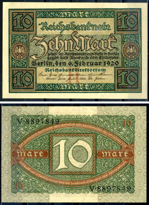 Германия 10 марок 1920 буква H, серия V, номер семизначный Pick 67a, Rosenberg 63а бумага UNC (пресс) 8617-18-2-1