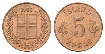 Исландия 5 эйре 1966 KM 9 бронза UNC 4691-345