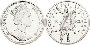 Гибралтар 14 экю 1995 Ричард Львиное сердце KM 496 серебро PROOF 02-251-26