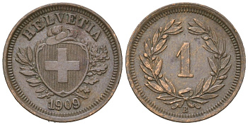 Швейцария 1 раппен 1909 B KM 3 бронза 4549-1164