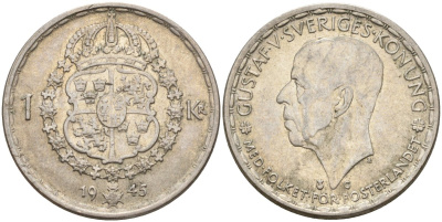 Швеция 1 крона 1945 G, Густав V (1907-1950) KM 814 серебро 4148-1024