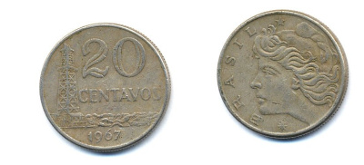 Бразилия 20 сентаво 1967 голова Свободы влево KM 579.1, Schon 84 медно-никель 51-4632