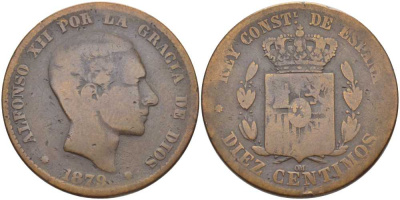 ИСПАНИЯ 10 СЕНТИМО 1879 OM, АЛЬФОНСО XII (1874-1885) KM 675 (Y70) бронза 115-932