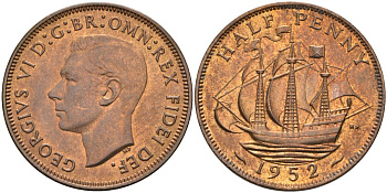 Великобритания 1/2 пенни 1952 Георг VI (1936-1952) KM 844, Spink 4118 бронза 4592-1132