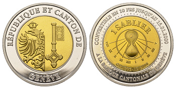 Швейцария, Женева 1 Sablier (песочные часы) 2000 монета могла быть обменена до 15.01.2000 года в Швейцарии на 10 франков. Выпщуена по случаю наступления нового тысячелетия KM 20 биметалл UNC 270-1534