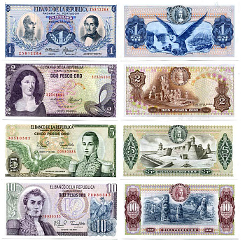 Колумбия 1, 2, 5, 10, 20, 50, 100 и 200 песо 1974-1992   бумага UNC (пресс)   447-24-1-1