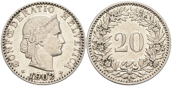 ШВЕЙЦАРИЯ 20 РАППЕНОВ 1902 В KM 29 никель 55-621